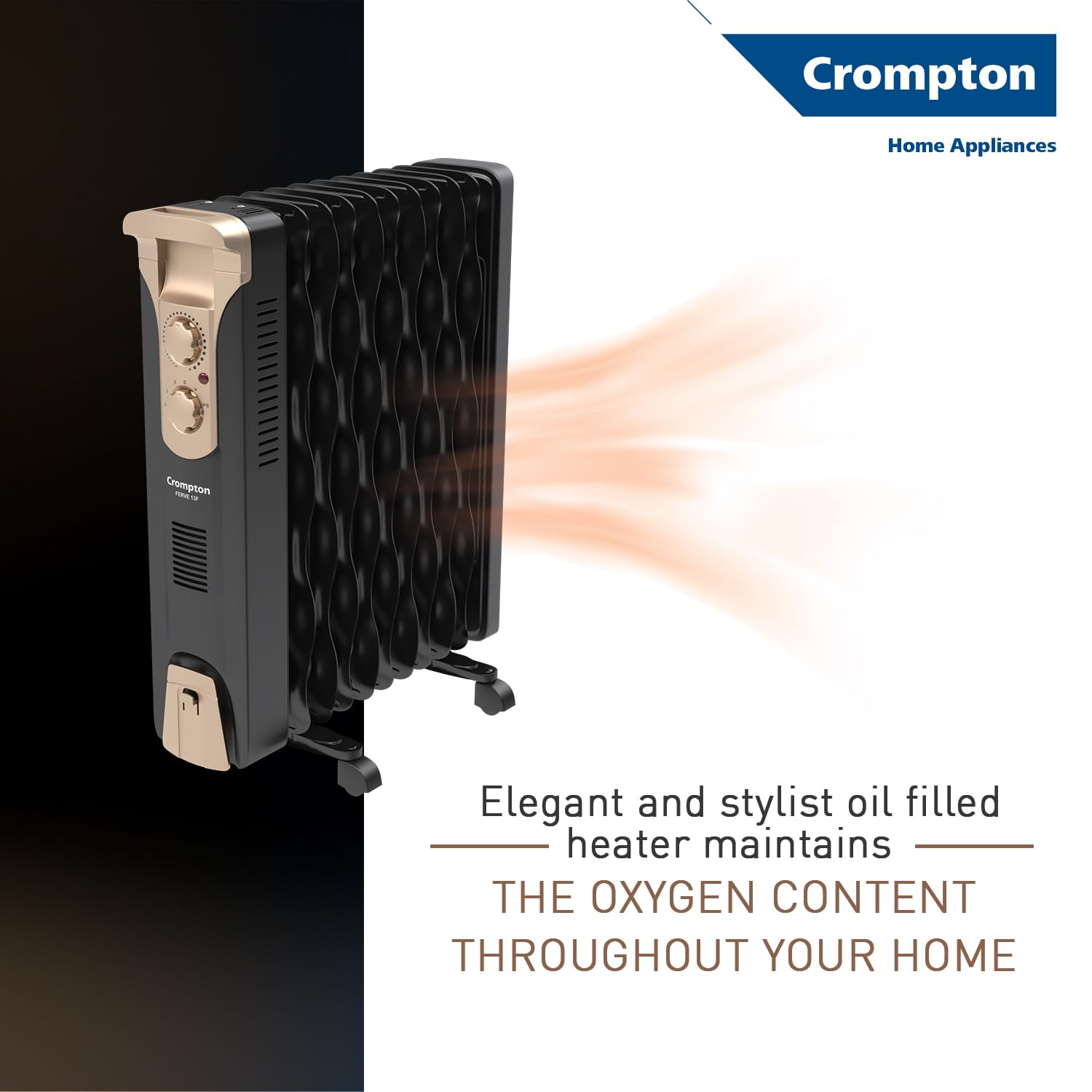 Crompton OFR2900W11F 11 Fin Insta Ferver wave Fin OFR (Oil Filled Radiator)|Room Heater|2900 W|3 Heat Settings & PTC Fan Heater| Comfortable Breathing|360° Heating (Black)|2yrs warranty|Black & Copper Mahajan Electronics Online