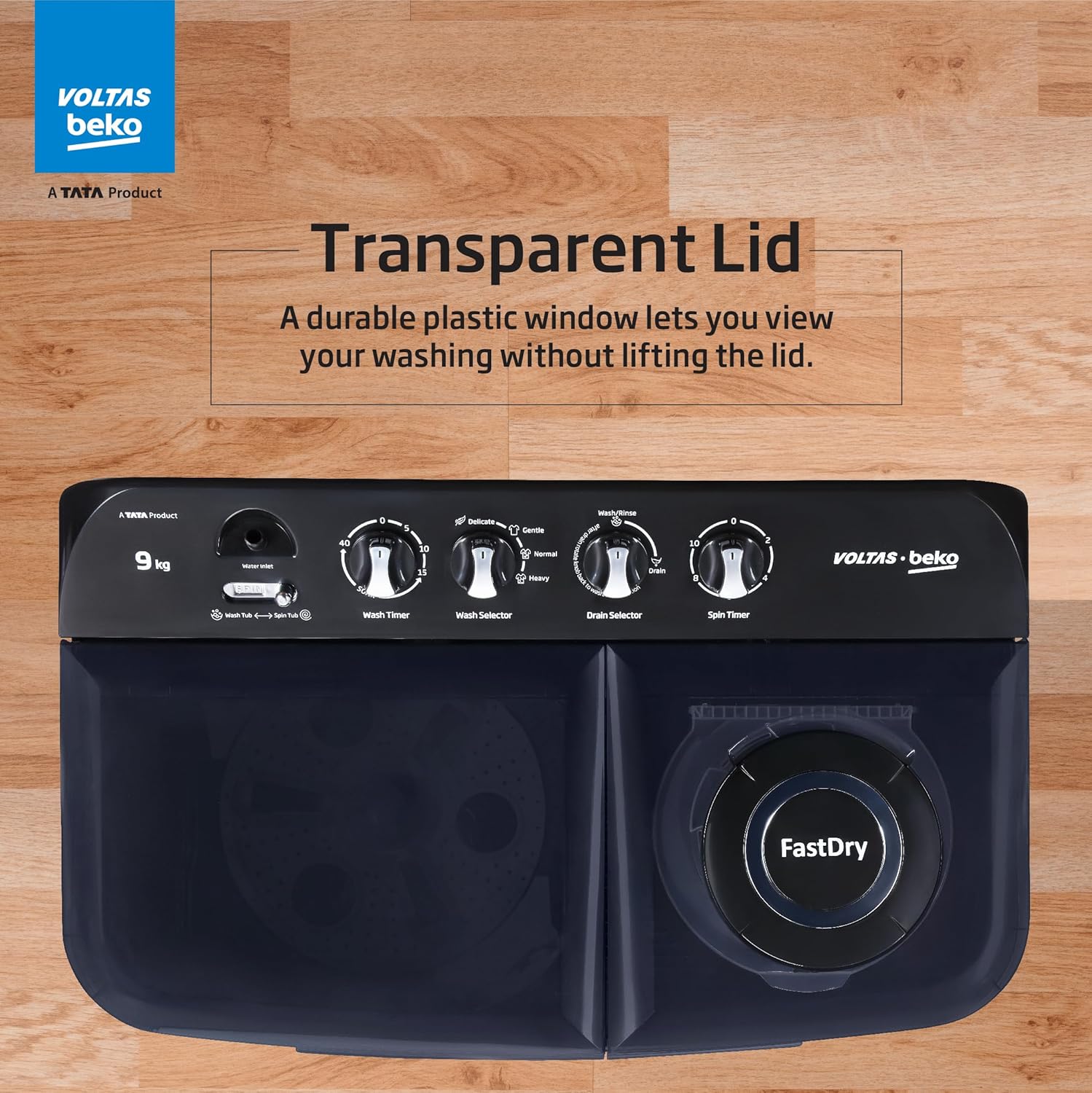 Voltas beko WTT90UDX/BKGR4KGTD Tata Product 9 kg 5 Star Semi-Automatic Twin Tub Top Load Washing Machine, (Special Pulsator wash Method) Black Mahajan Electronics Online