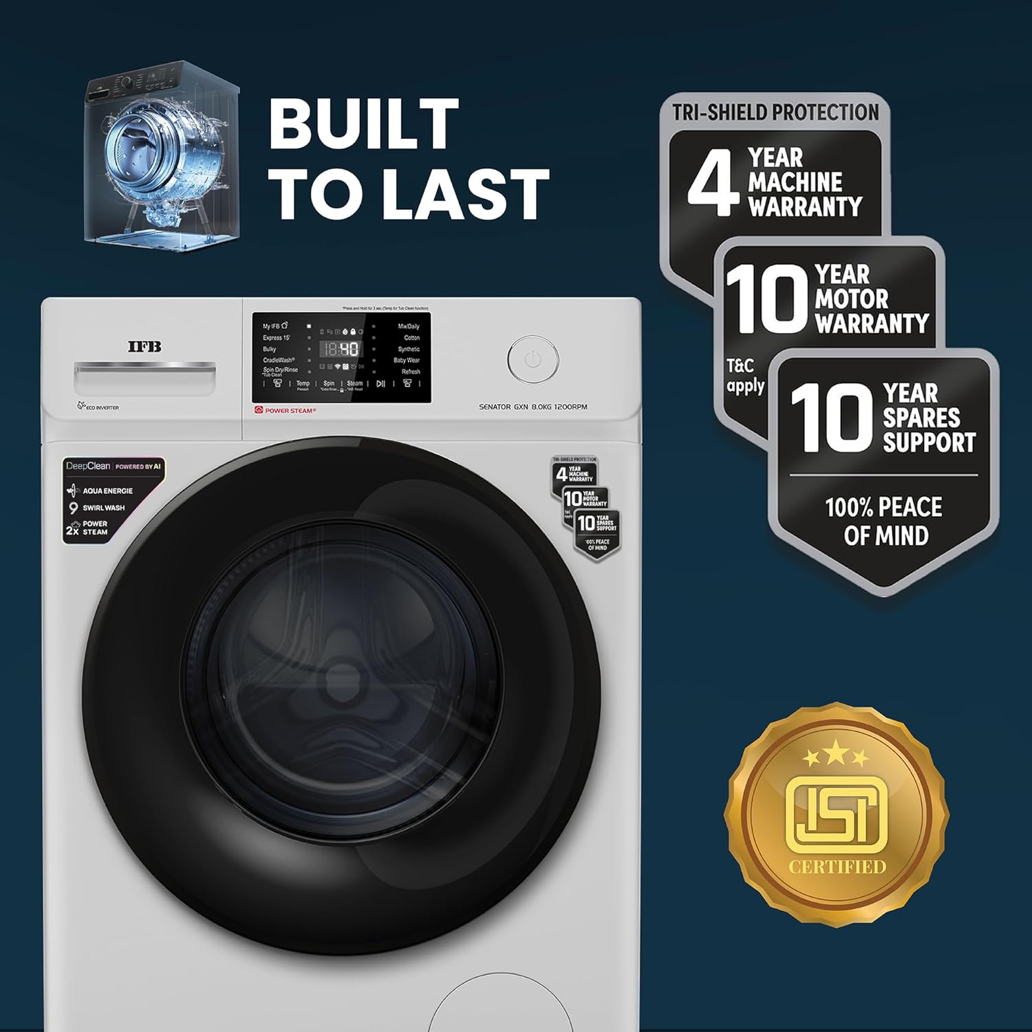 IFB SENATOR GXN 8012 CMS 8 Kg 5 Star, DeepClean® Technology, AI Powered, WiFi, Fully Automatic Front Load Washing Machine ( PowerSteam®, 9 Swirl, Steam Refresh, Inbuilt Heater, Eco Inverter, Grey)