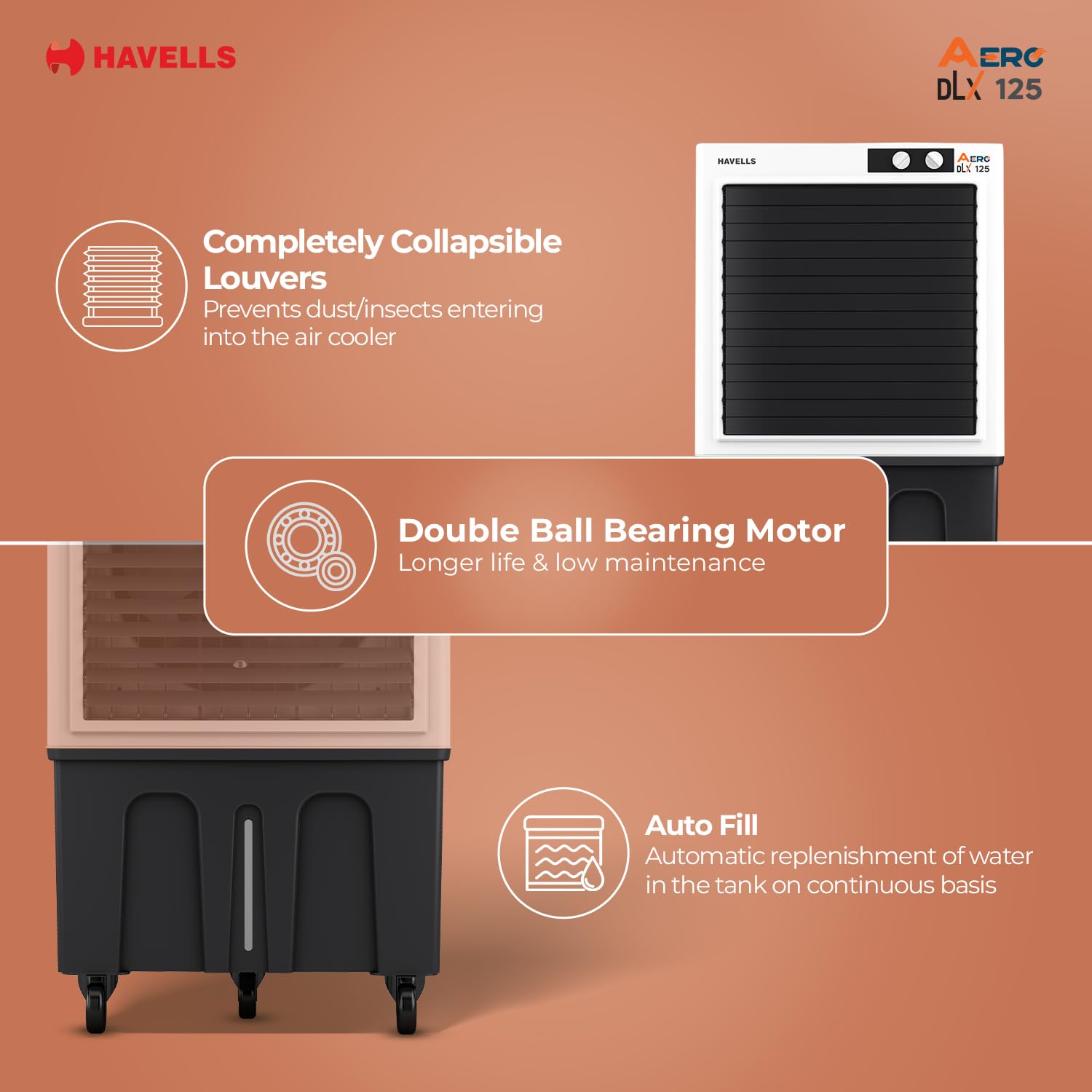 Havells Aero DLX 100L Premium Commercial Air Cooler|Powerful Air-Delivery| 3 Side Honeycomb Pads with Bacteria Shield Technology|Fully Collapsible Louvers|Auto fill function|Double Ball bearing Motor Mahajan Electronics Online