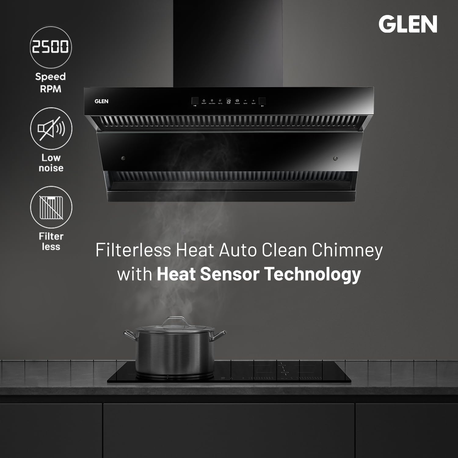 Glen CH 6076 HSR DC AC Auto Clean Chimney with Double Draft Suction and Heat Sensor, BLDC Motor 75cm 1600 m3/h - Black Mahajan Electronics Online