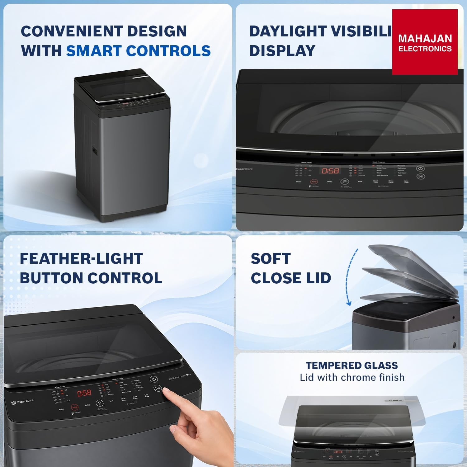Bosch WOE90EV0IN 9 KG 5 Star Fully Automatic Top Loading Washing Machine,Inbuilt Heater,Glass Lid with chrome finish,Tempered Glass with Soft Closing Lid,Unique display with 10 Button, Vietnam Black,(WOE90EV0IN) Bosch online mahajna electronics