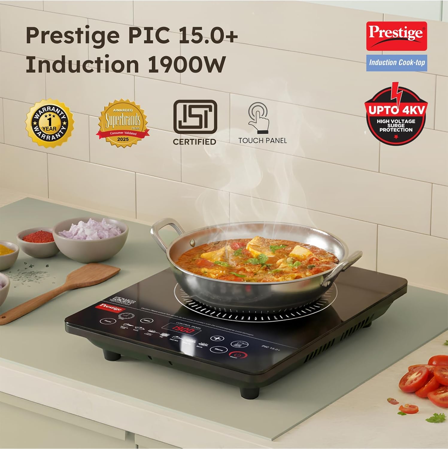 Prestige PIC 15.0 Plus 1900 Watts Induction Cooktop | 4KV Surge Protection | 7 Preset Indian Menu Options with Timer | Touch Button | Easy to Clean | Black | 1Y Warranty | BIS mahajan electronics online