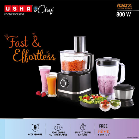 Usha ICHEF Food Processor 800 Watts Copper Motor with 9 Accessories & 8 Functions (Black) Mahajan Electronics Online