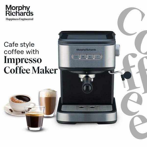 Morphy Richards Impresso 20 Bar Espresso Coffee Maker Milk Frother  Ground Coffee Compatible One-Touch Operation 2-Year Warranty Black 