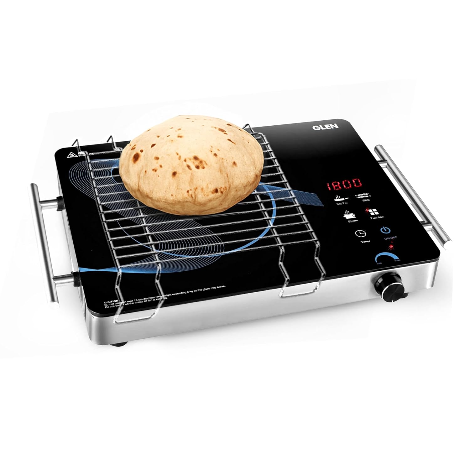 Glen 2000W Infrared Cooktop Stoves with Grill Rack for Barbecue, 3 Preset Cooking Modes, Crystal Glass Plate, Digital Display, Touch Control, SS Handle, Infrared Chulha Hot Plate (SA3075IR)
