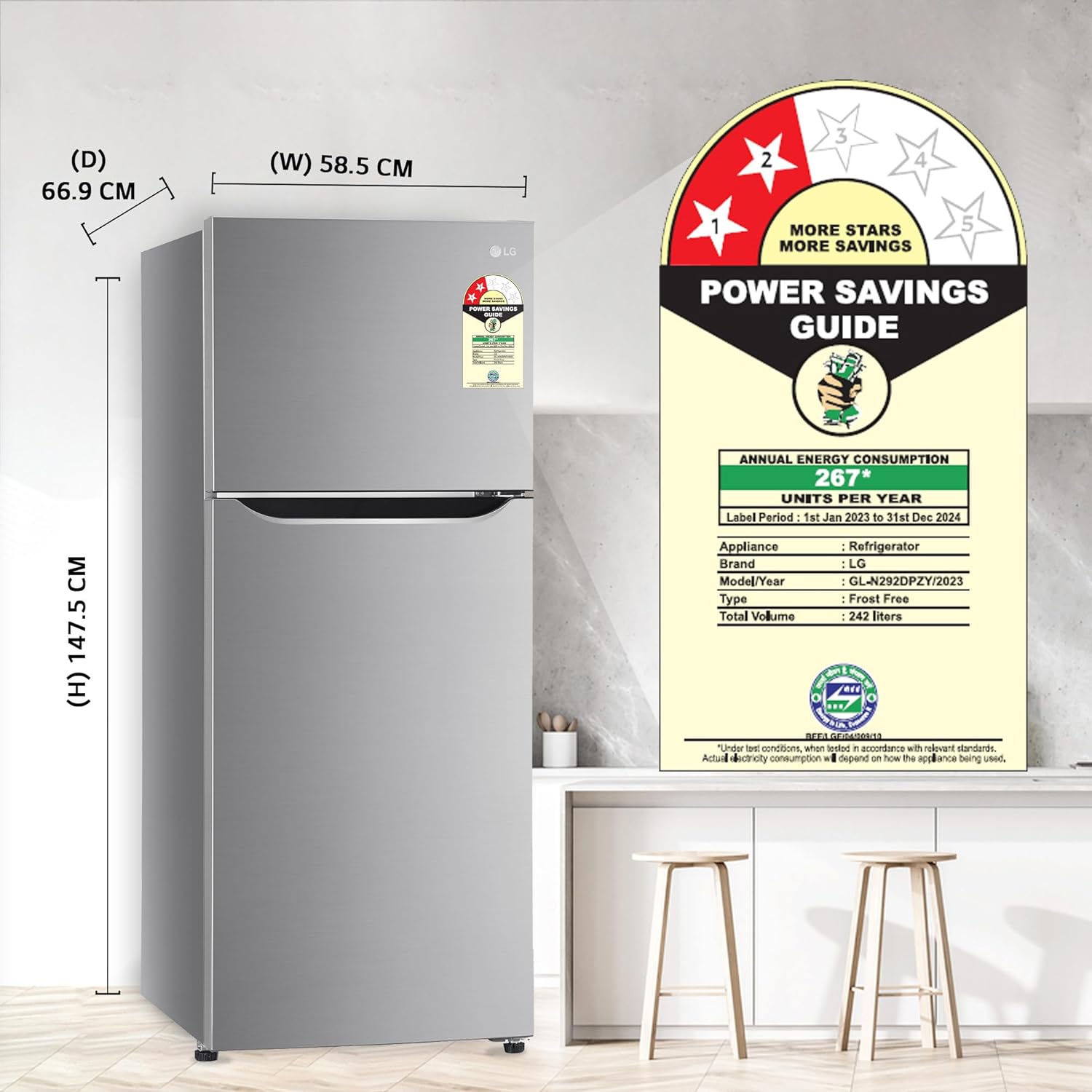 LG GL-N292DPZY 242 L 2 Star Frost-Free Smart Inverter Double Door Refrigerator ( Shiny Steel, Smart Connect & Multi Air Flow) Mahajan Electronics Online