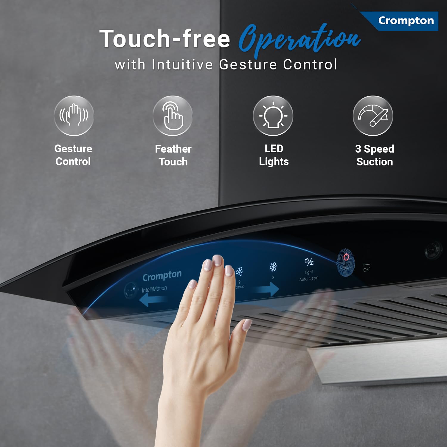 Crompton IntelliMotion ‎CHD-IMC60BFA-MBL 60 cm Curved Glass Kitchen Chimney with Auto-Clean & 990 m³/hr Suction Mahajan Electronics Online