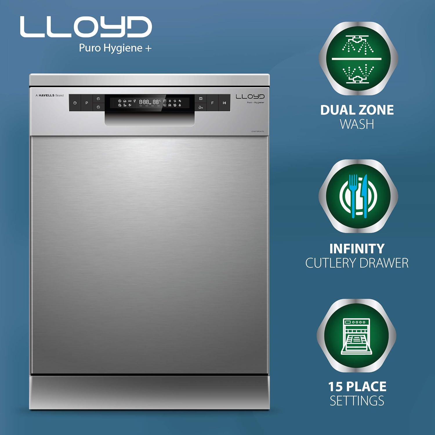 Lloyd LDWF15PSA1TS Puro Hygiene+ with Auto Open Dry (15 Place Settings, 99% Germs Free with Sparkle Clean Technology, Infinity Drawer, Super Silent, Silver) Mahajan electronics online