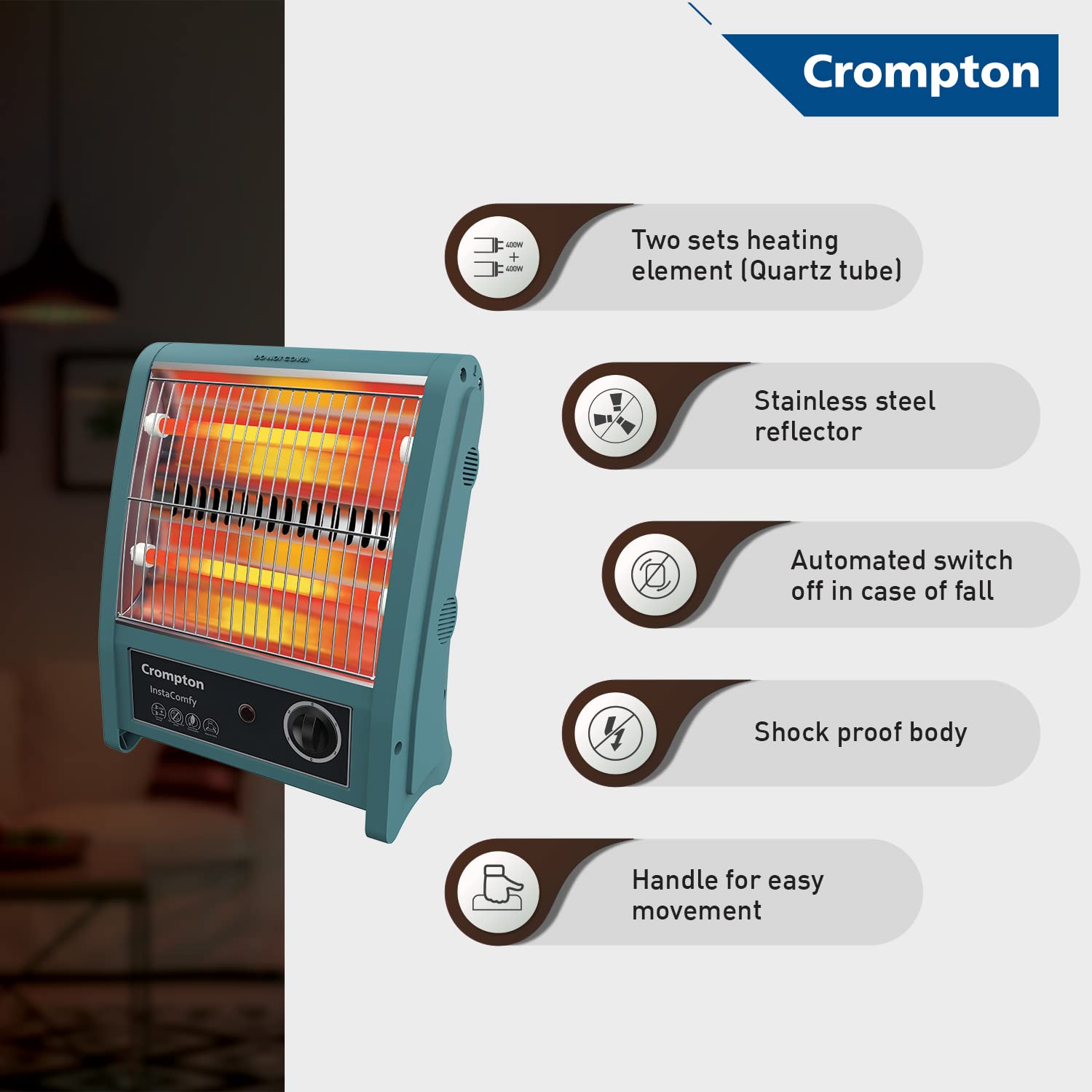 Crompton Insta Comfy 800 Watt Room Heater with 2 Heat Settings(Grey Blue) Mahajan Electronics Online