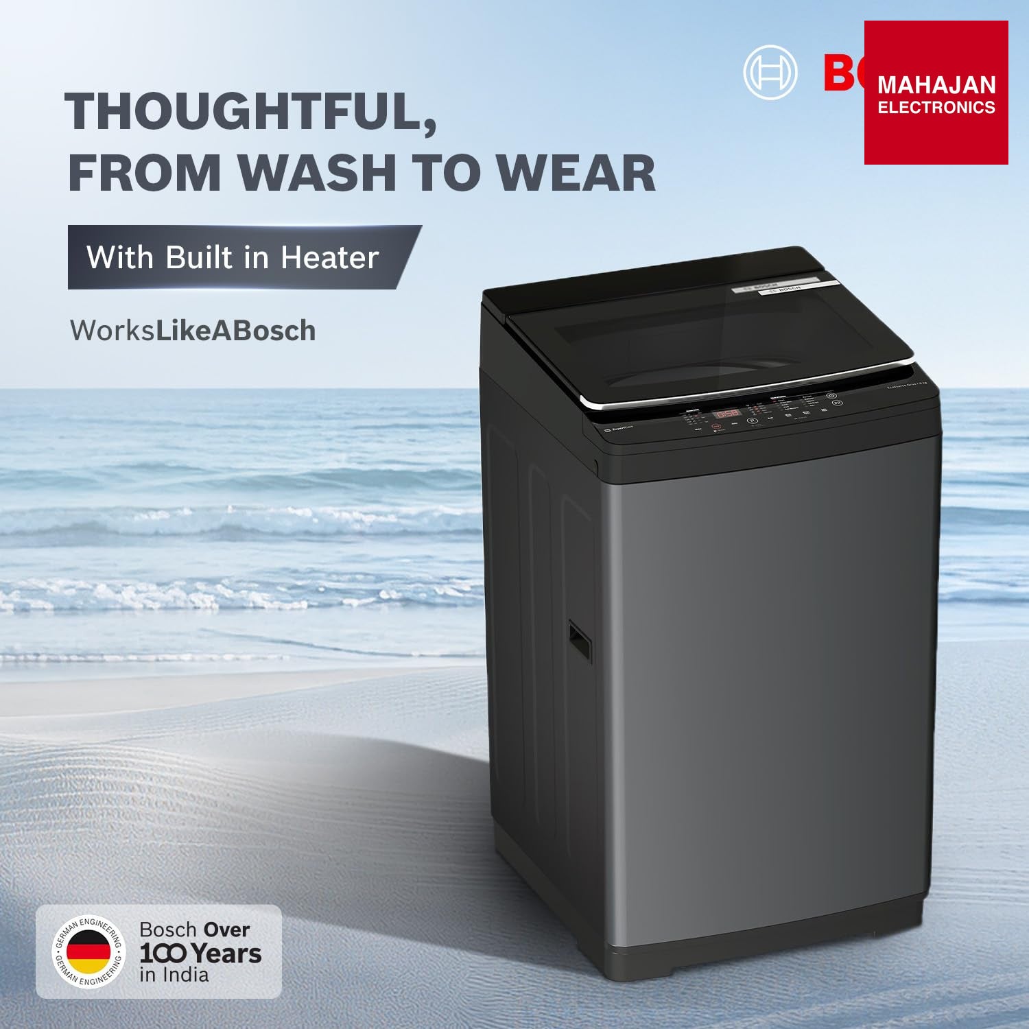 Bosch WOE90EV0IN 9 KG 5 Star Fully Automatic Top Loading Washing Machine,Inbuilt Heater,Glass Lid with chrome finish,Tempered Glass with Soft Closing Lid,Unique display with 10 Button, Vietnam Black,(WOE90EV0IN) Bosch online mahajna electronics