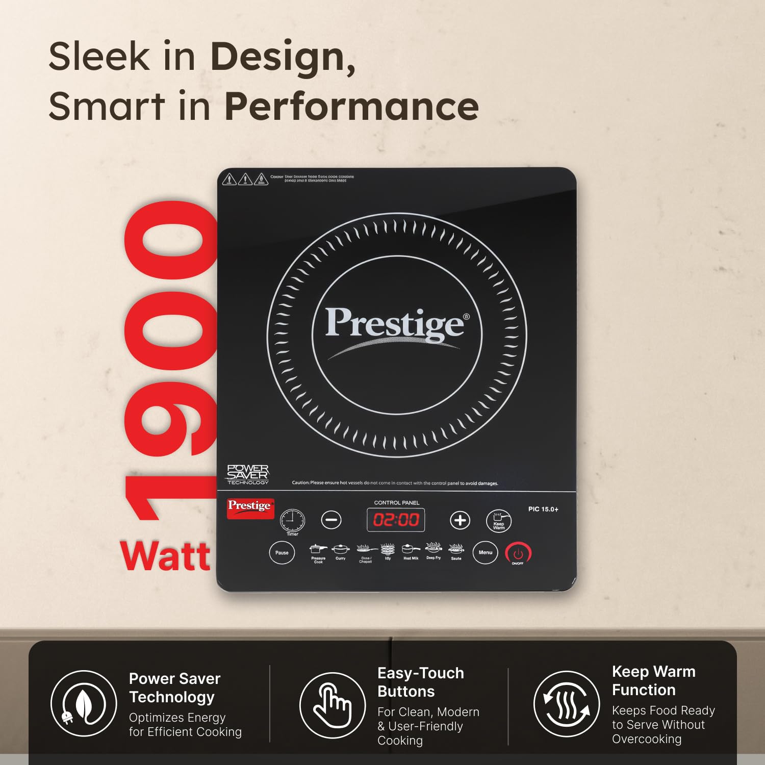 Prestige PIC 15.0 Plus 1900 Watts Induction Cooktop | 4KV Surge Protection | 7 Preset Indian Menu Options with Timer | Touch Button | Easy to Clean | Black | 1Y Warranty | BIS mahajan electronics online