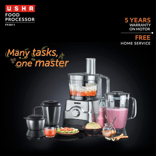 Usha FP 3811 Food Processor 1000 Watts Copper Motor with 13 Accessories(Premium SS Finish), Black and Steel Mahajan Electronics Online