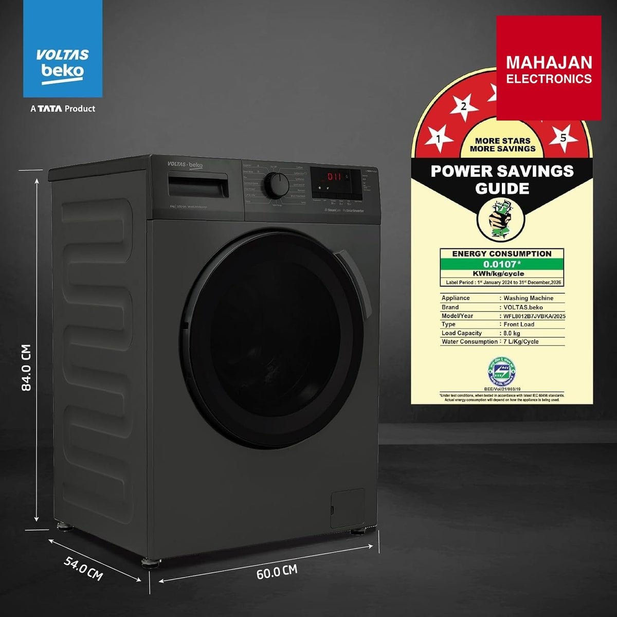 Voltas Beko WFL8012B7JVBKA/AXV 8 Kg 5 Star Inverter Front Load Washing Machine, Anthracite – Mahajan Electronics Online.