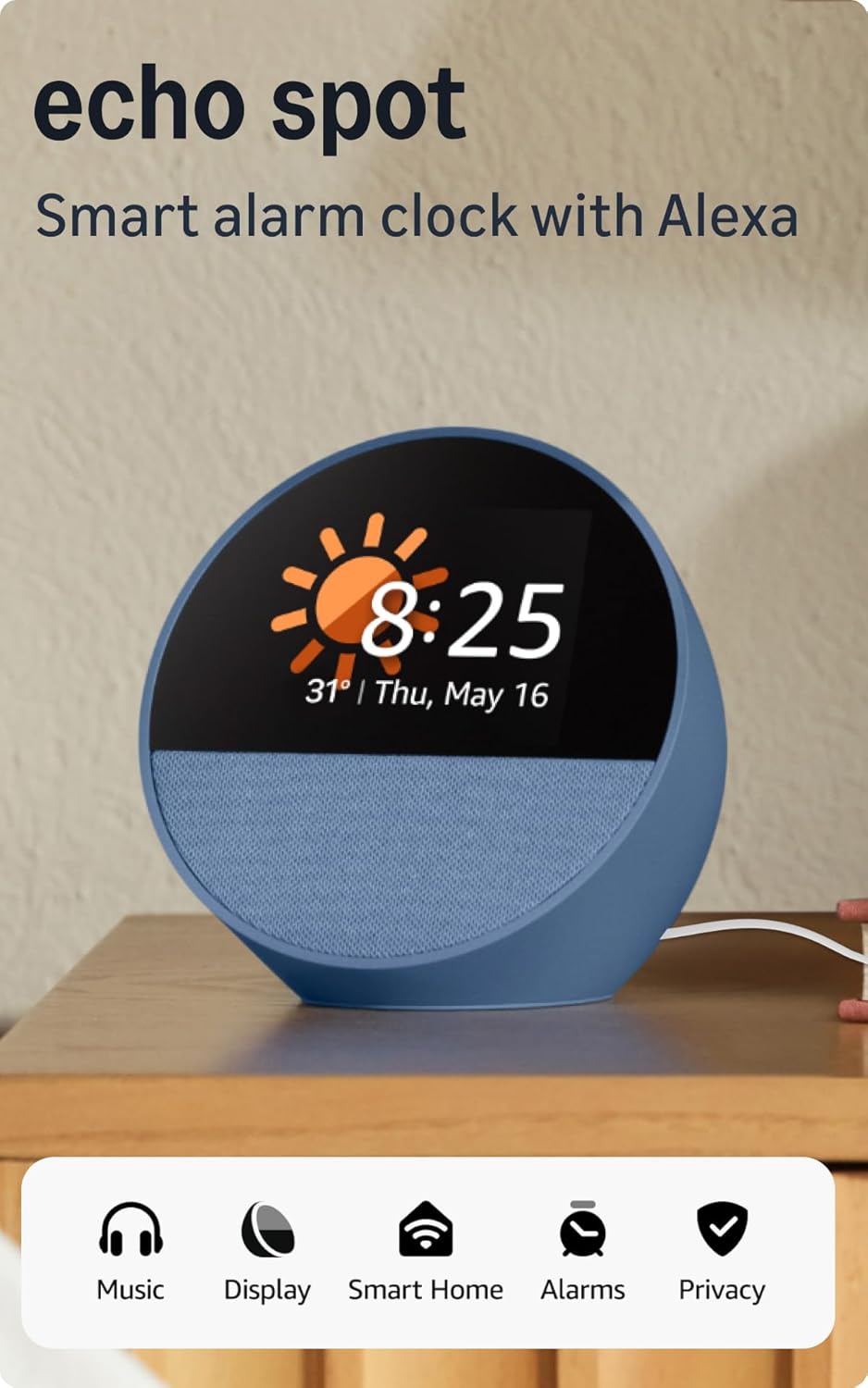Amazon Echo Spot (latest model), Smart alarm clock with vibrant sound, Alexa and Bluetooth | Blue mahajan electronics online