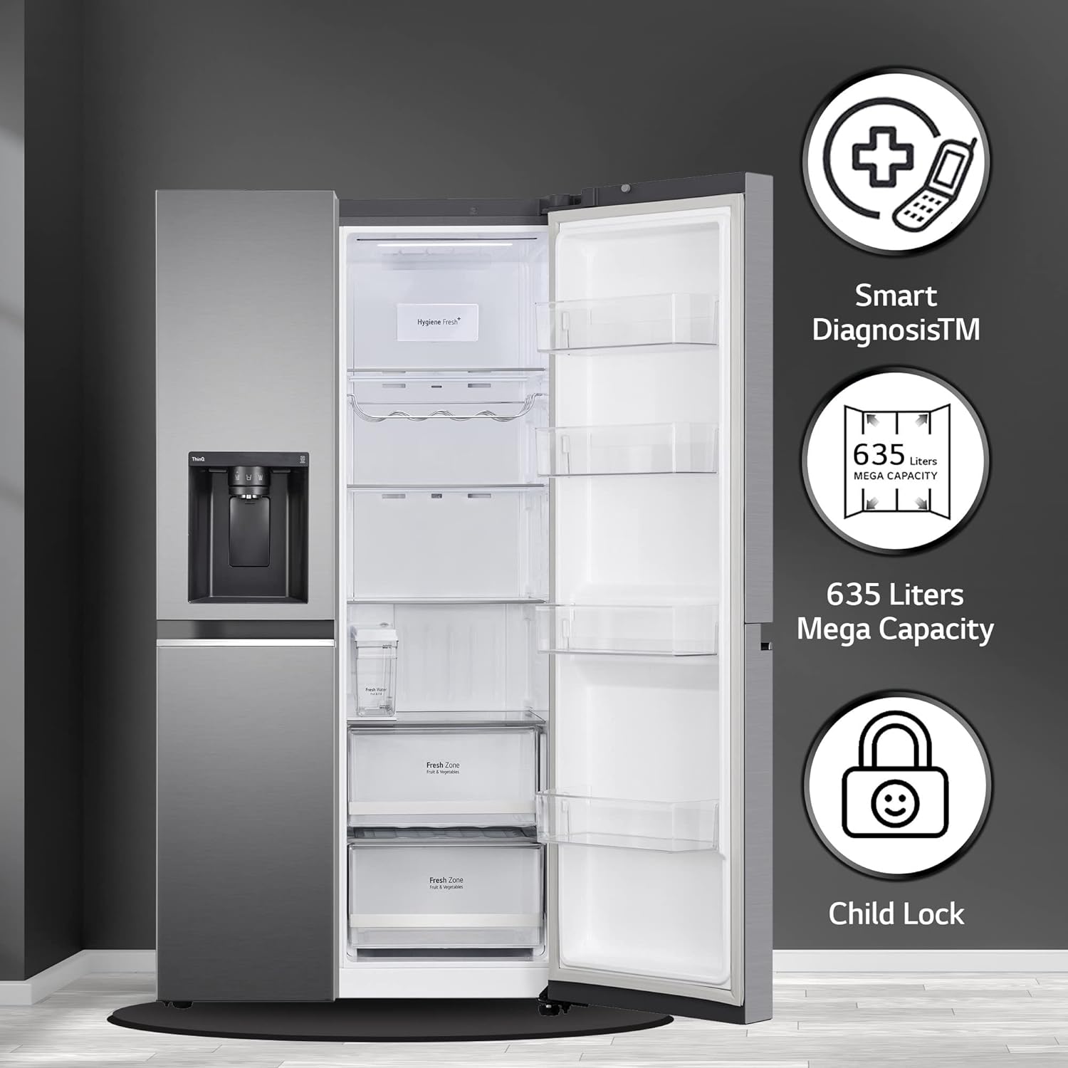 LG GL-L257CPZ3 630L  Frost Free Side by Side Refrigerator, Shiny Steel, Convertible