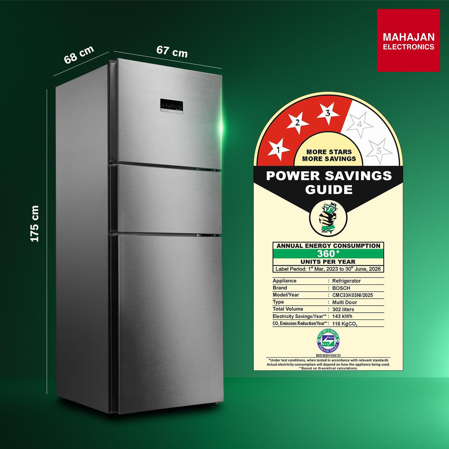 Bosch CMC33K03NI 302L, 3 Star, MaxFlex Convert Frost Free Triple Door Refrigerator | 8-in-1 Convertible Storage Modes | 57L Extra Convertible Zone | Cool Extend up to 18 hours (, Smokey Steel) Bosch online mahajan electronics
