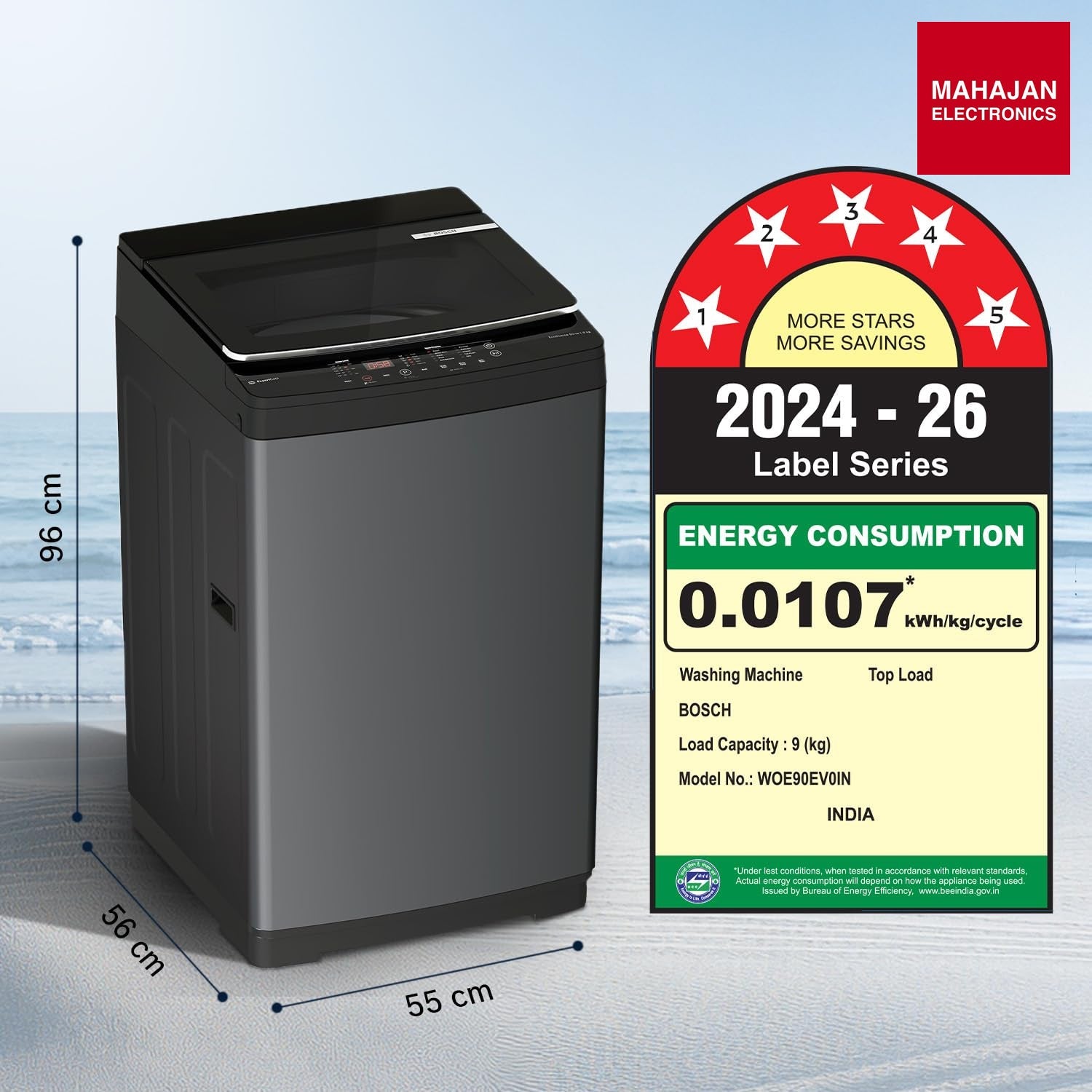 Bosch WOE90EV0IN 9 KG 5 Star Fully Automatic Top Loading Washing Machine,Inbuilt Heater,Glass Lid with chrome finish,Tempered Glass with Soft Closing Lid,Unique display with 10 Button, Vietnam Black,(WOE90EV0IN) Bosch online mahajna electronics