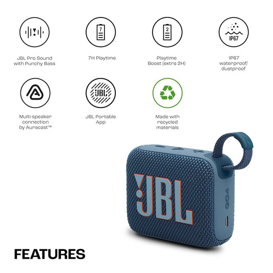 JBL Go 4, Wireless Ultra Portable Bluetooth Speaker, Pro Sound, Vibrant Colors, Water & Dust Proof, Type C (without Mic, Blue) Mahajan Electronics Online