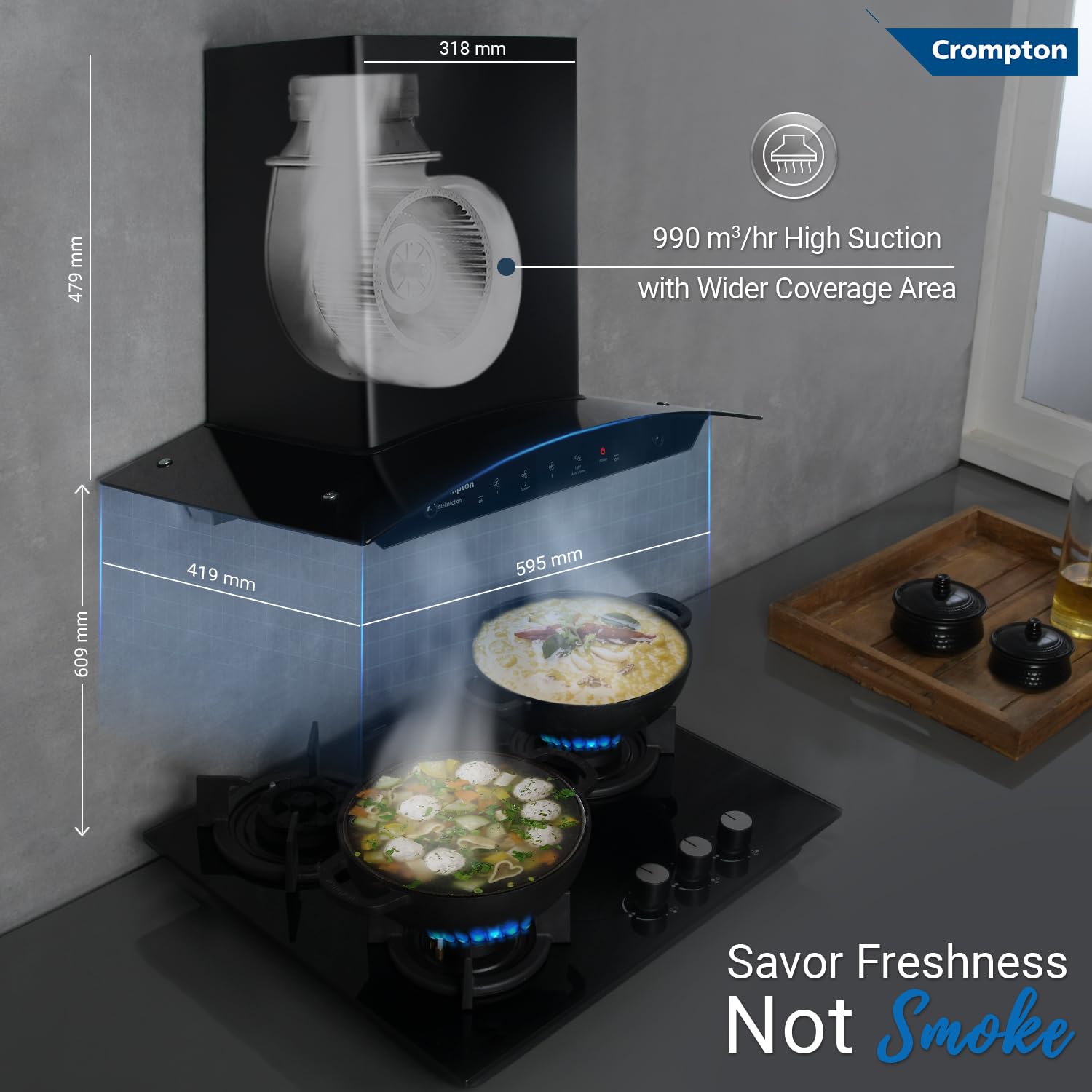 Crompton IntelliMotion ‎CHD-IMC60BFA-MBL 60 cm Curved Glass Kitchen Chimney with Auto-Clean & 990 m³/hr Suction Mahajan Electronics Online