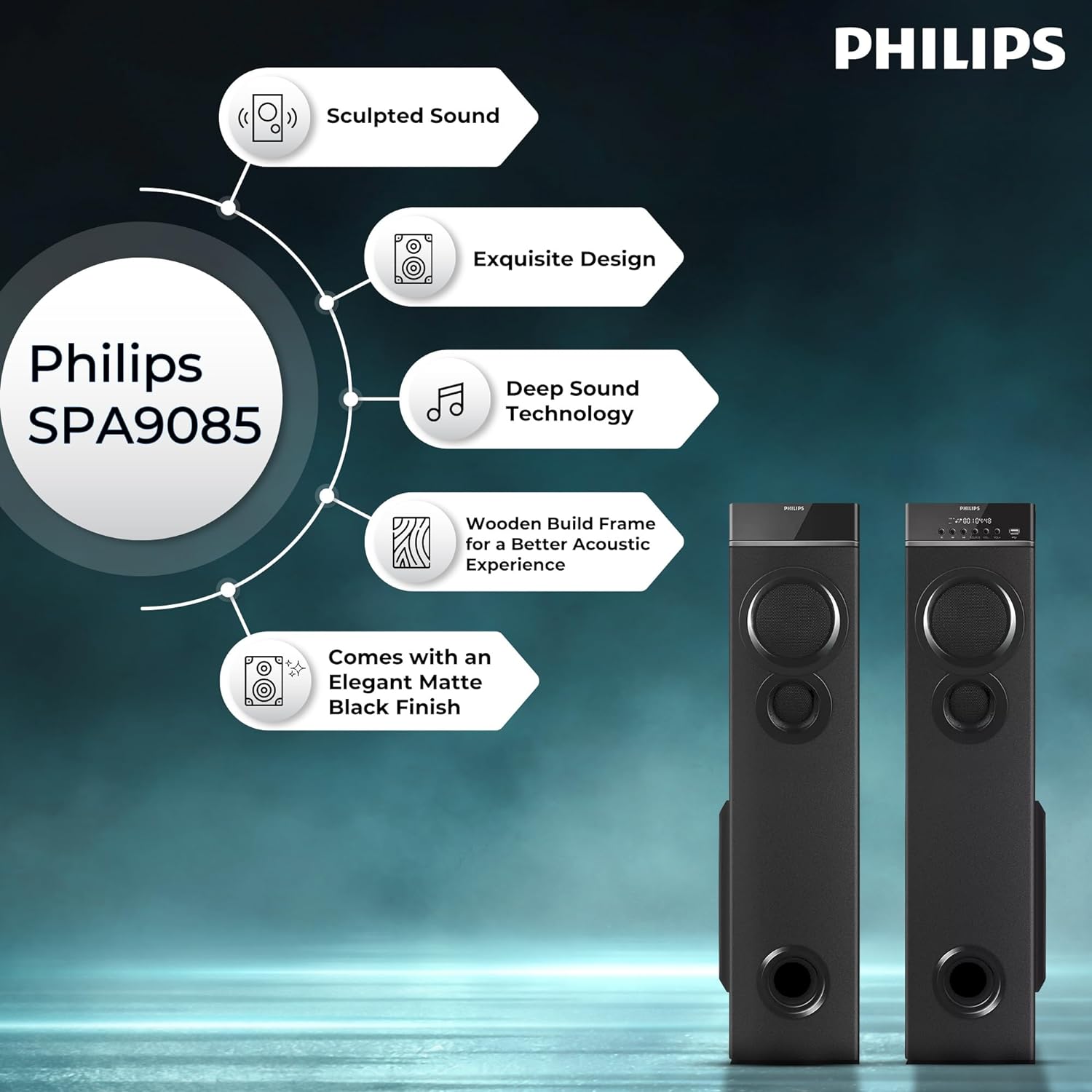 Philips Audio SPA9085 2.0CH 100W Multimedia Tower Speakers with Wirele