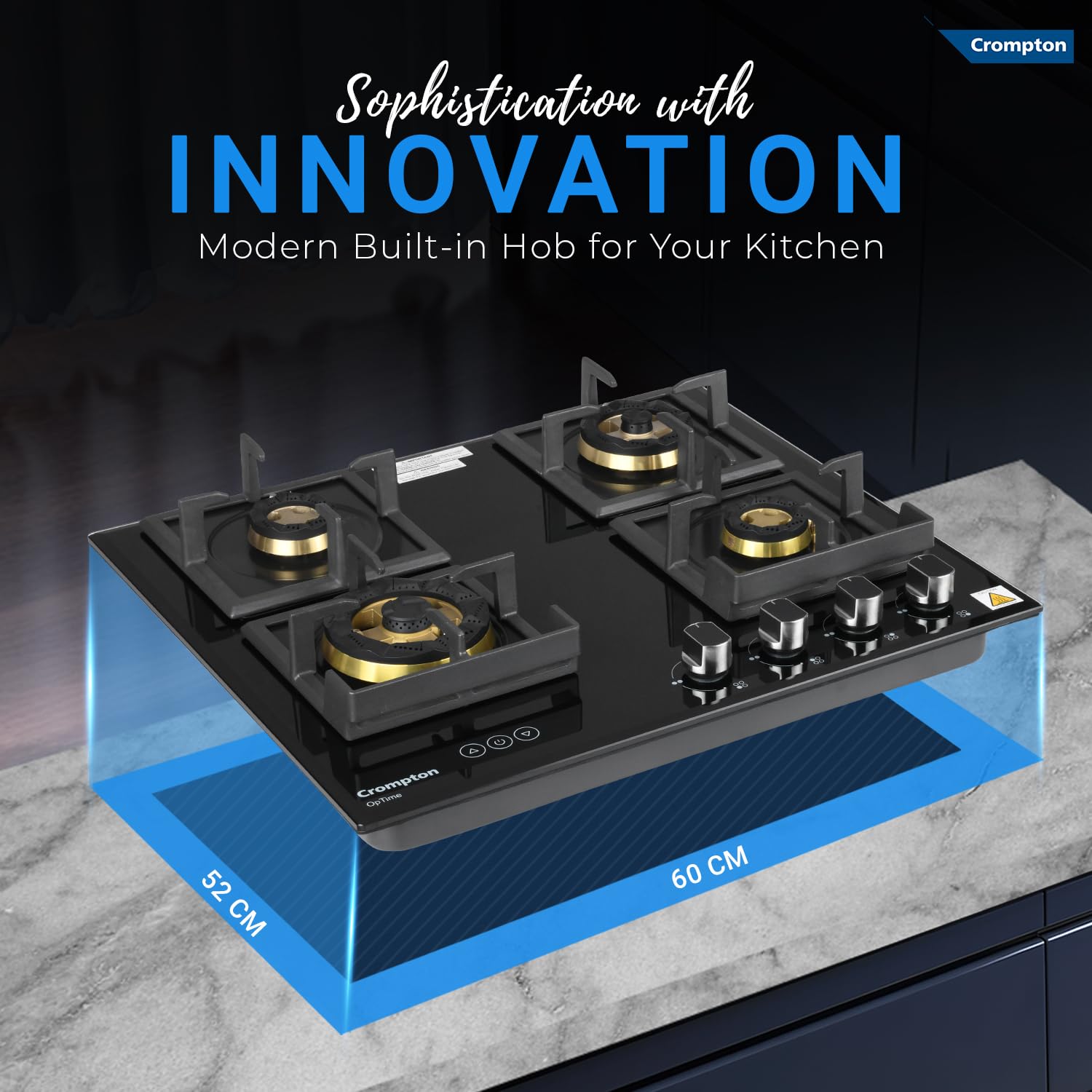 Crompton HOB-OPFB604TI-MBL Optime 60 cm 4 Burners Built-in Glass HOB with Digital Timer Mahajan Electronics Online