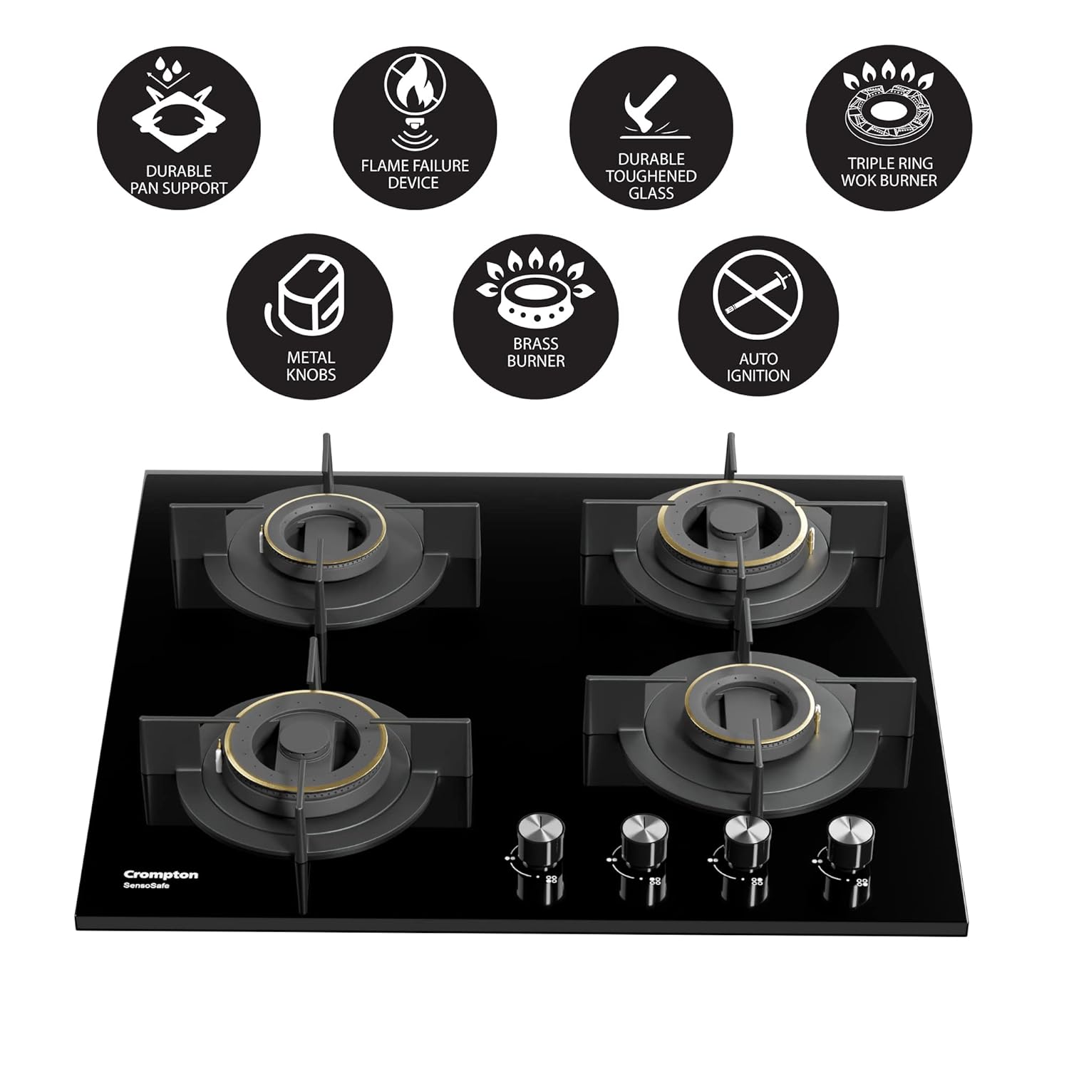 Crompton HOB-SSDC604-MBL SensoSafe 60 cm 4 Burners Built-in Gas Hob With High Efficiency Brass Burners Mahajan Electronics Online