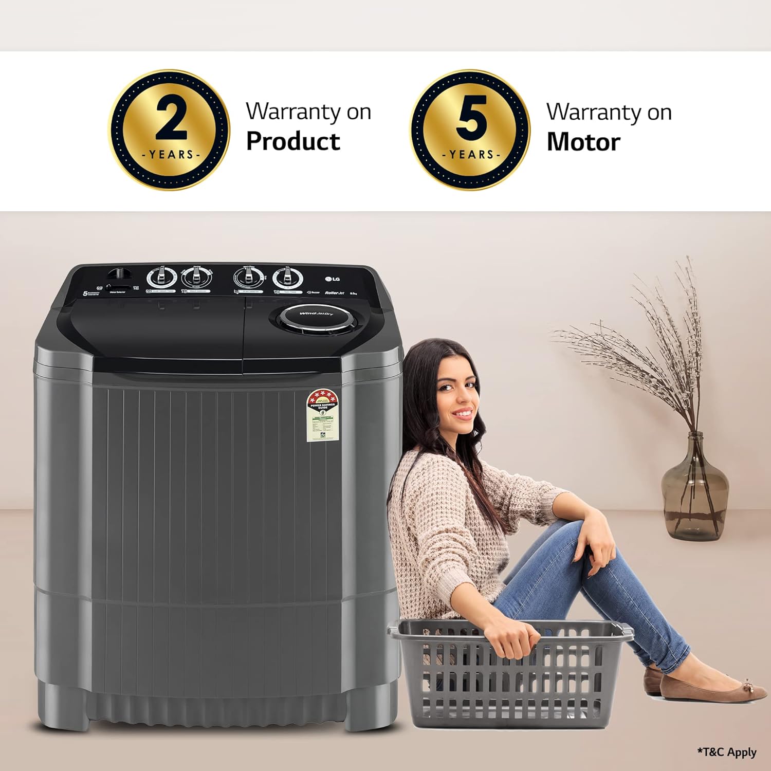 LG P8535SKMZ 8.5 Kg 5 Star Wind Jet Dry Rat Away Technology Semi-Automatic Top Loading Washing Machine Mahajan Electronics Online