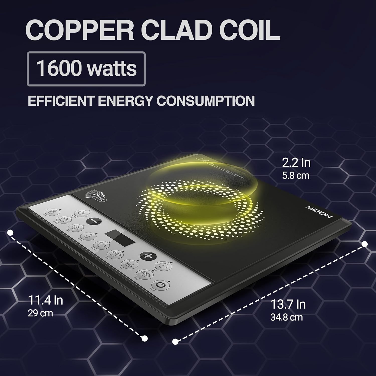 Milton Euroline Elio 16.0 Portable Induction Cooktop (1600W) | LED Display | 5KV Surge Protection | Timer &amp; Preset Menu | Child Lock | Model HICPB16.0