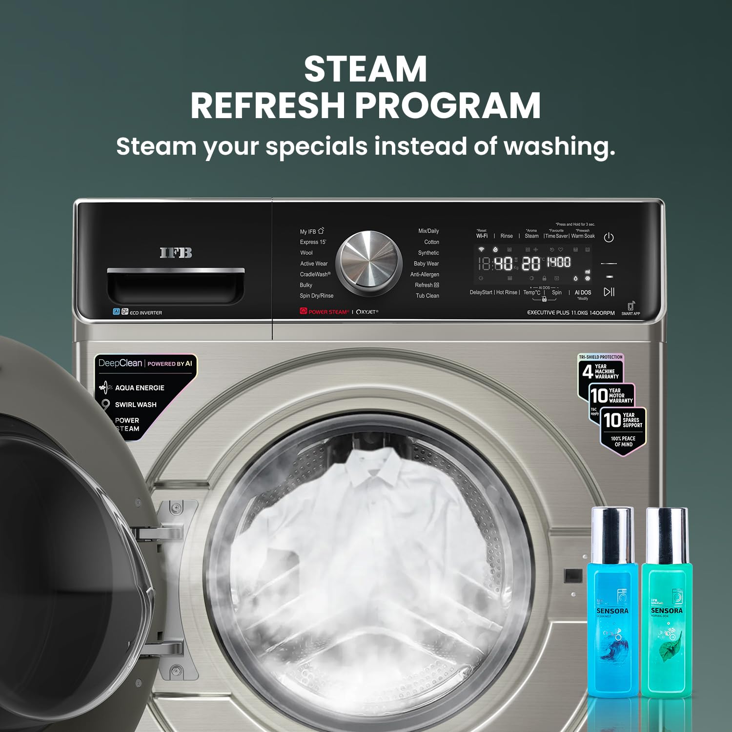 IFB EXECUTIVE PLUS VSG 1114 11 Kg 5 Star, DeepClean®, AI DOS, WiFi, Fully Automatic Front Load Washing Machine ( PowerSteam®, Oxyjet, 9 Swirl, Steam Refresh, Inbuilt Heater, Eco Inverter, SUS VCM) Mahajan Electronics Online