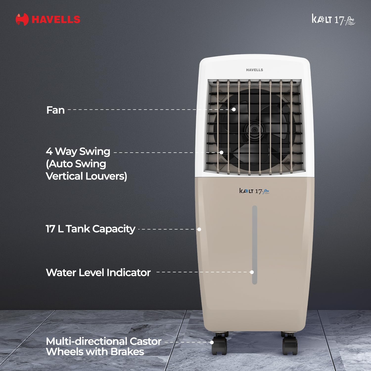 Havells Kalt Pro 17 L Personal Air Cooler for Room|With Fan & 3 Side Bacteria Shield Honeycomb Pads|Aerodynamically Designed Blades|Sleek & stunning design |Front Wheel with Brakes|Inverter Compatible Mahajan Electronics Online