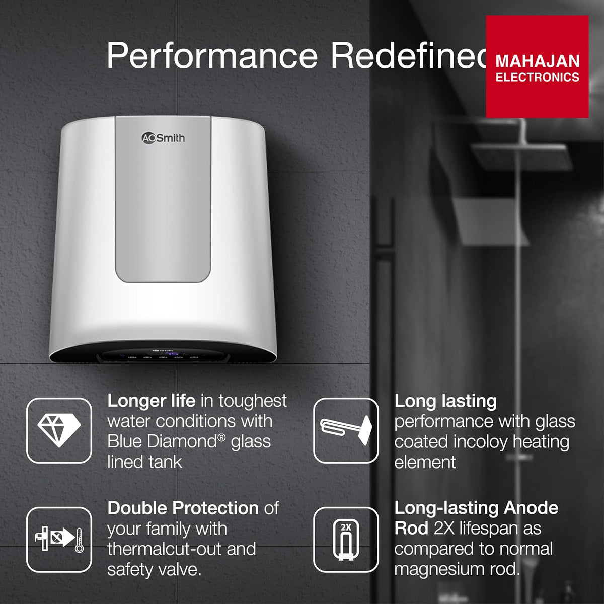 AO Smith HeatBot DG Water Heater 15 Litre | Blue Diamond Glass Lined Tank | PUF Insulation for Energy Savings – Mahajan Electronics Online.