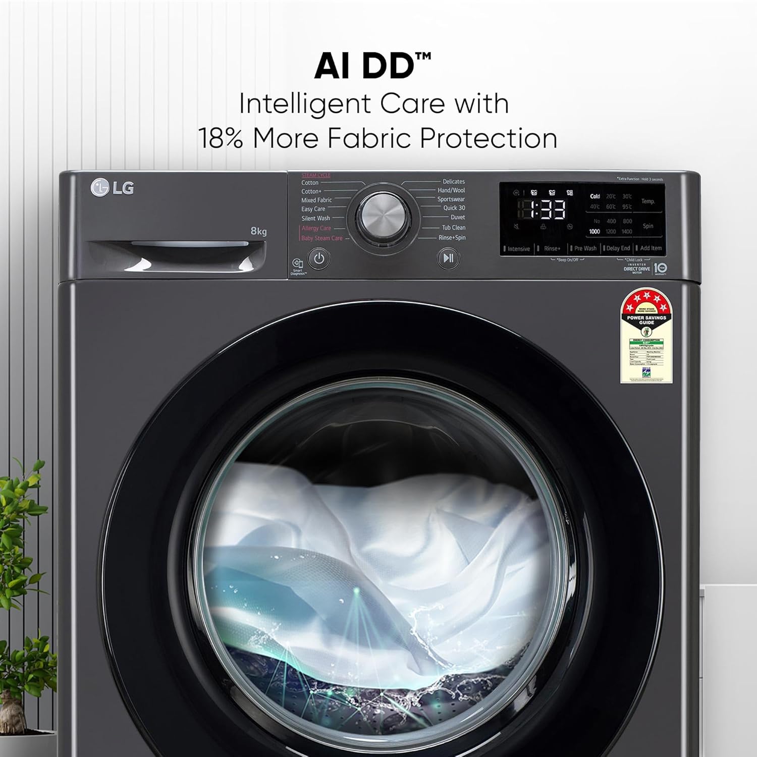 LG FHP1208Z3M 8 Kg, 5 Star, AI Direct Drive Technology, Steam & 6 Motion DD Fully-Automatic Front Load Washing Machine ( Intelligent & Convenient Fabric Care, Allergy Care, Middle Black) Mahajan Electronics Online