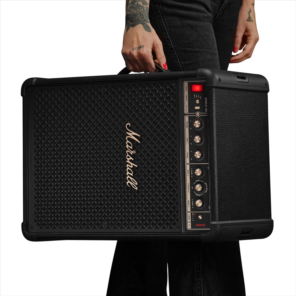 Marshall Bromley 450 Portable Party Speaker - Loud 360° Sound with Bass EQ Controls | 40+ Hours Playtime | Bluetooth, 3.5 mm AUX, RCA, Microphone, Instrument Inputs | LED Lights - Black and Brass Marshall