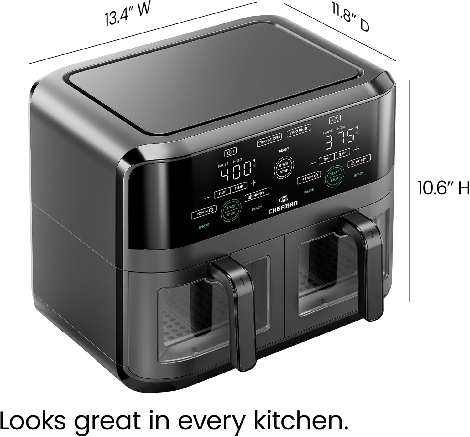 Chefman RJ38-SQPF-3TDB-2W-IN TurboFry Touch Dual Air Fryer, Maximize The Healthiest Meals With Double Basket Capacity, One-Touch Digital Controls And Shake Reminder For The Perfect Crispy And Low-Calorie Finish Mahajan Electronics Online