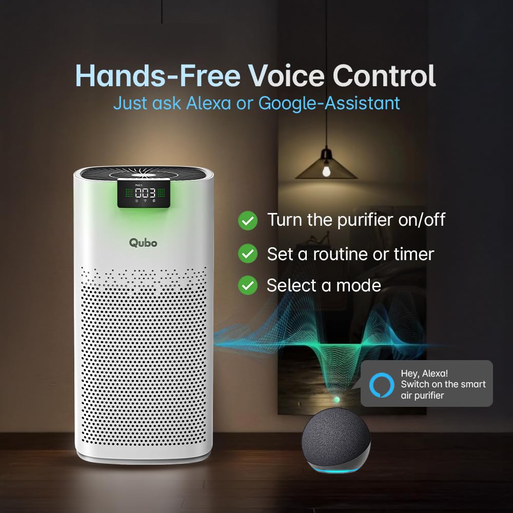 Qubo Smart Air Purifier Q600 for Home by Hero Group | 600 Sqft | 99.99% Allergen Removal | HEPA H13 | 15000 Hrs Filter Life | App & Voice Control | Energy Saving | Ultra-Quiet BLDC Motor (White) Mahajan Electronics Online
