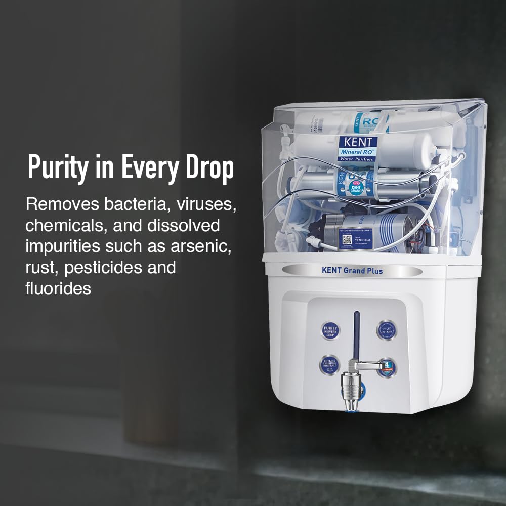 KENT Grand Plus RO Water Purifier | 4 Years Free Service | ISI Marked | Multiple Purification Process | RO + UV + UF + TDS Control + UV LED Tank | 9L Tank | 20 LPH Flow | Zero Water Mahajan Electronics Online