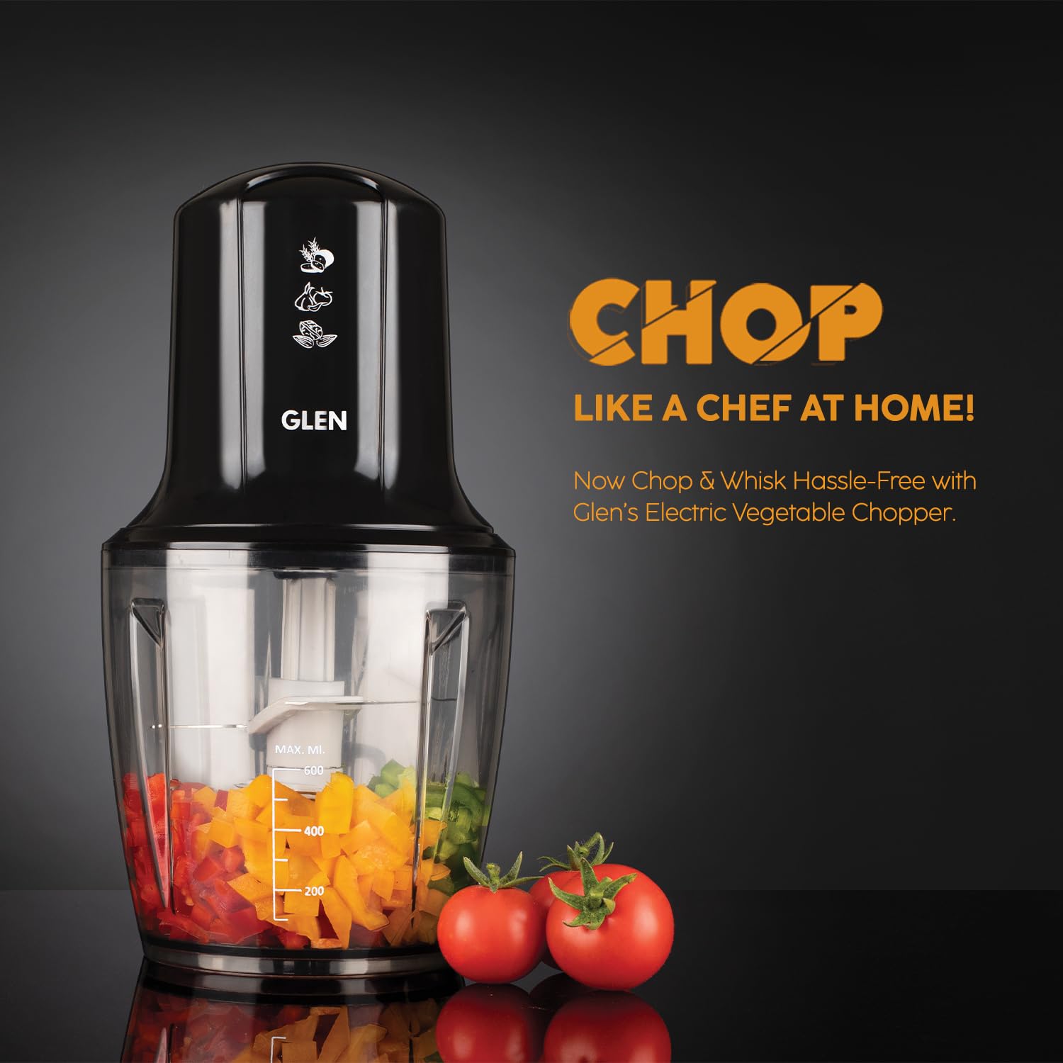 Glen SA 4042TU PLUS 300 Watts Electric Chopper for Kitchen Use, Large 600ml Bowl, Triple SS Blade Technology, Fruit & Vegetable Cutter, with Whisking Disc, Chops Onion & Nuts - Black Mahajan Electronics Online
