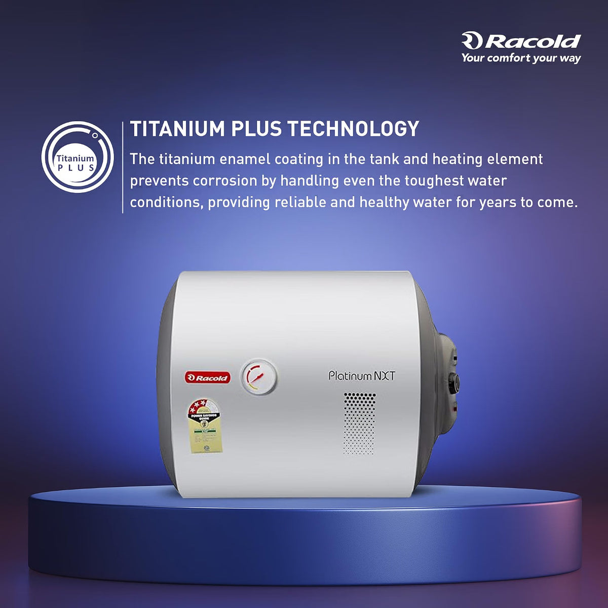 Racold Platinum Nxt 50L RHS Horizontal Energy Efficient Water Heater(Geyser) for Home| 33% faster heating |Titanium Plus technology |Free Standard Installation & Pipes | Suitable for bathroom Racold