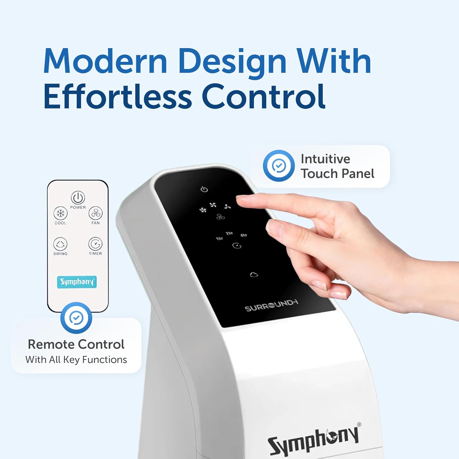 Symphony Surround-i Bladeless Tower Fan for Room | High-Speed with Swivel Action, Touchscreen Control Panel & Remote | 1 Year Warranty | White Mahajan Electronics Online