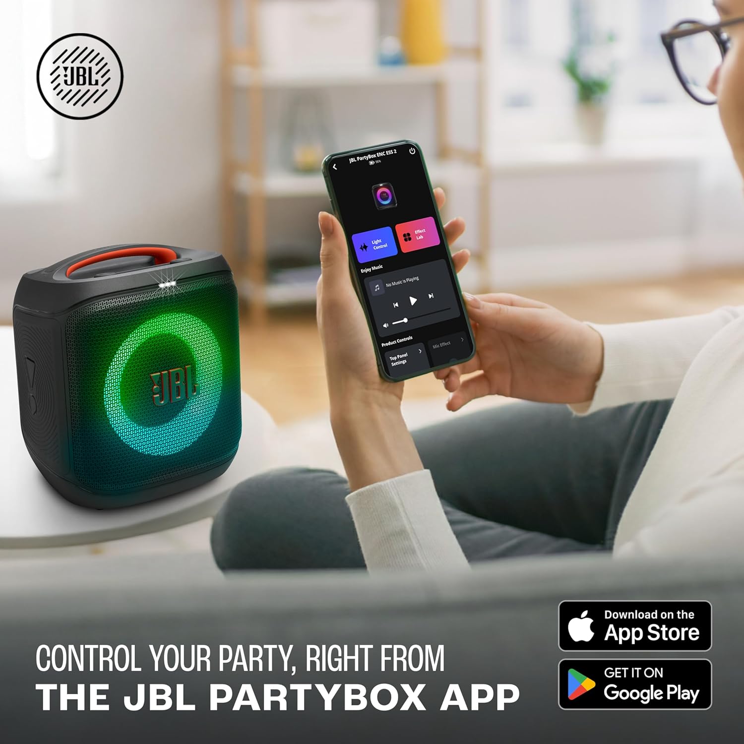 JBL Partybox Encore Essential 2 Wireless Bluetooth Party Speaker, AI Sound Boost, Dynamic Light Show, Upto 15Hrs Playtime, Multi-Speaker Connection by Auracast, Guitar & Mic Inputs, PartyBox App-Black Mahajan Electronics online