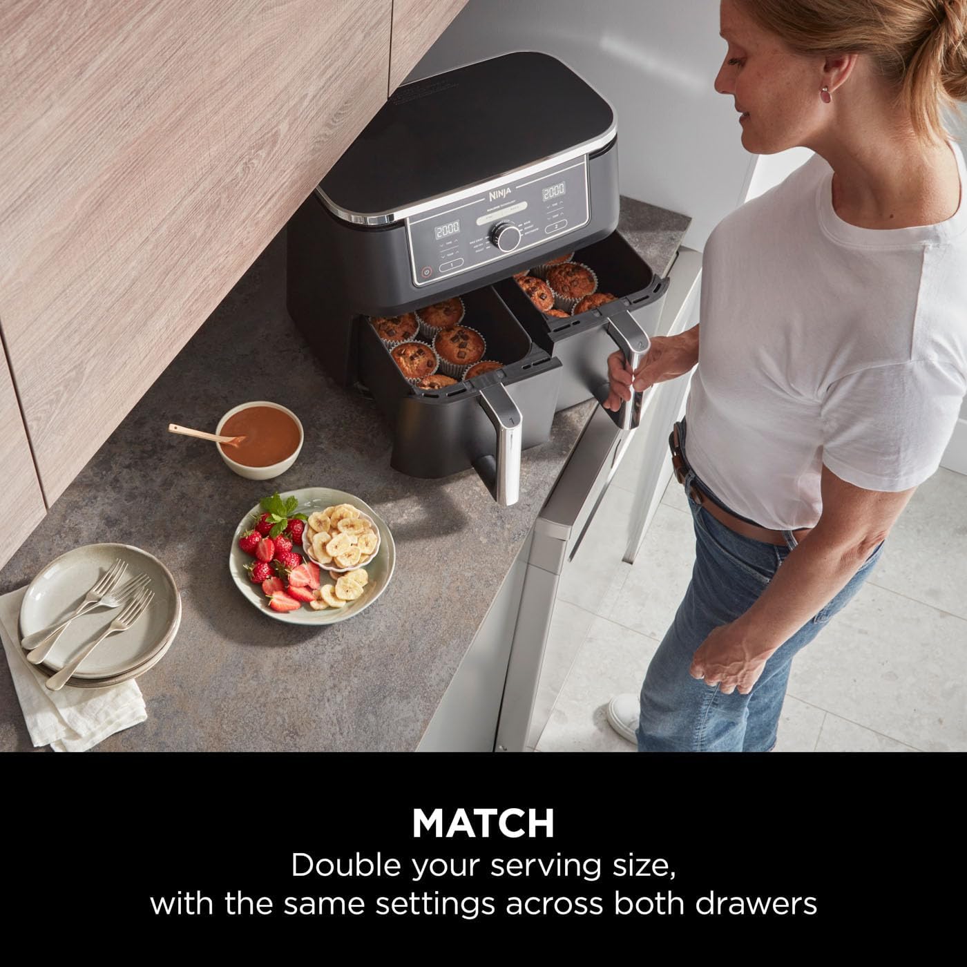 Ninja AF400 Foodi MAX Dual Zone Digital AirFryer, 2 Drawers, 9.5L, 6-in-1, Uses No Oil, Air Fry, Max Crisp, Roast, Bake, Reheat, Dehydrate, Cook 8 Portions, Non-Stick Dishwasher Safe Baskets, Black Mahajan Electronics Online
