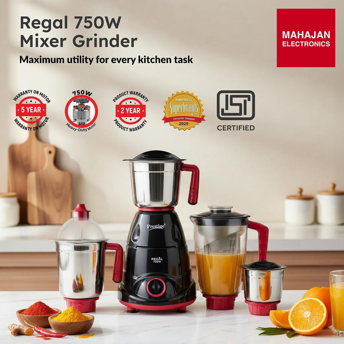 Prestige Regal 750 W Mixer Grinder with 4 Jars – Mahajan Electronics Online.