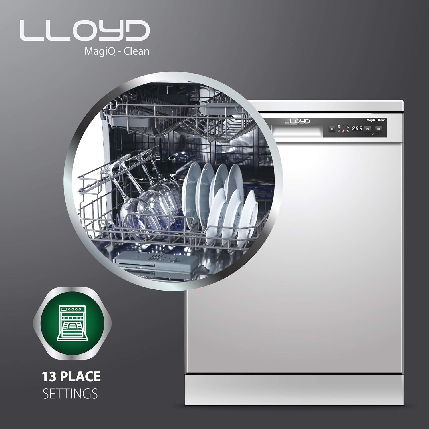 Lloyd 13 Place Settings Dishwasher (LDWF13PSE1DD) – 70°C Hot Wash, 360° Water Spray, Extra Dry, Half Load, Freestanding | Stainless Steel, Silver