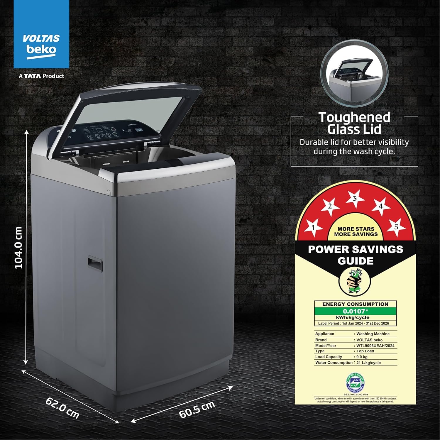 Voltas Beko, WTL9006UEAH / OBS3060A Tata Product 9 Kg 5 Star Fully-Automatic Top Loading Washing Machine with Anti-Bacterial wash Technology , Dark Grey, Inbuilt Heater) mahajan electronics online