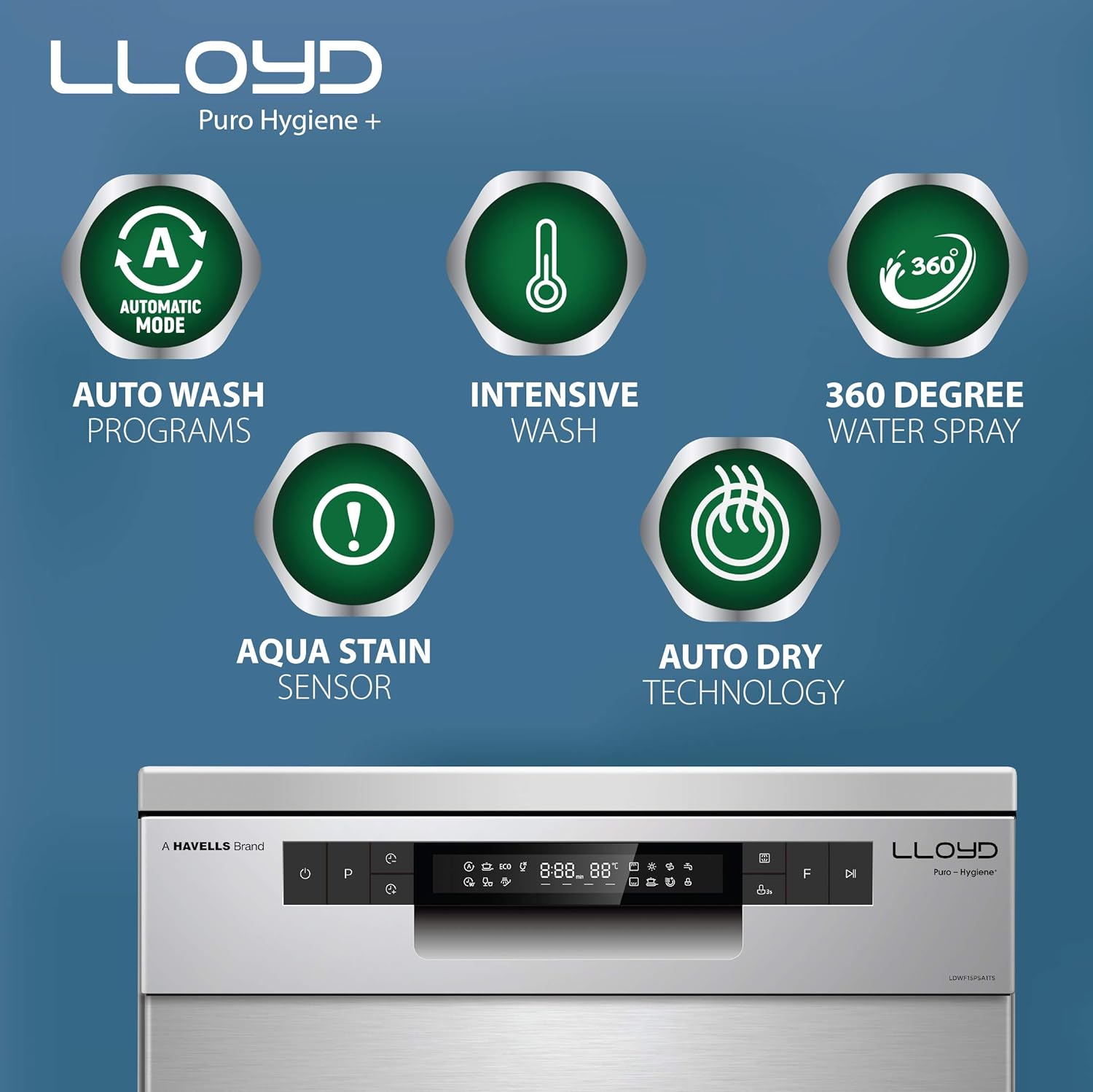 Lloyd LDWF15PSA1TS Puro Hygiene+ with Auto Open Dry (15 Place Settings, 99% Germs Free with Sparkle Clean Technology, Infinity Drawer, Super Silent, Silver) Mahajan electronics online