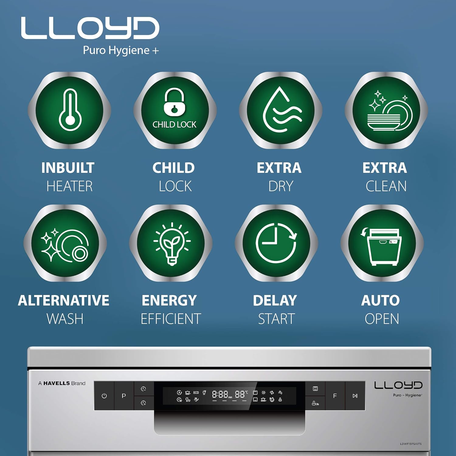 Lloyd LDWF15PSA1TS Puro Hygiene+ with Auto Open Dry (15 Place Settings, 99% Germs Free with Sparkle Clean Technology, Infinity Drawer, Super Silent, Silver) Mahajan electronics online