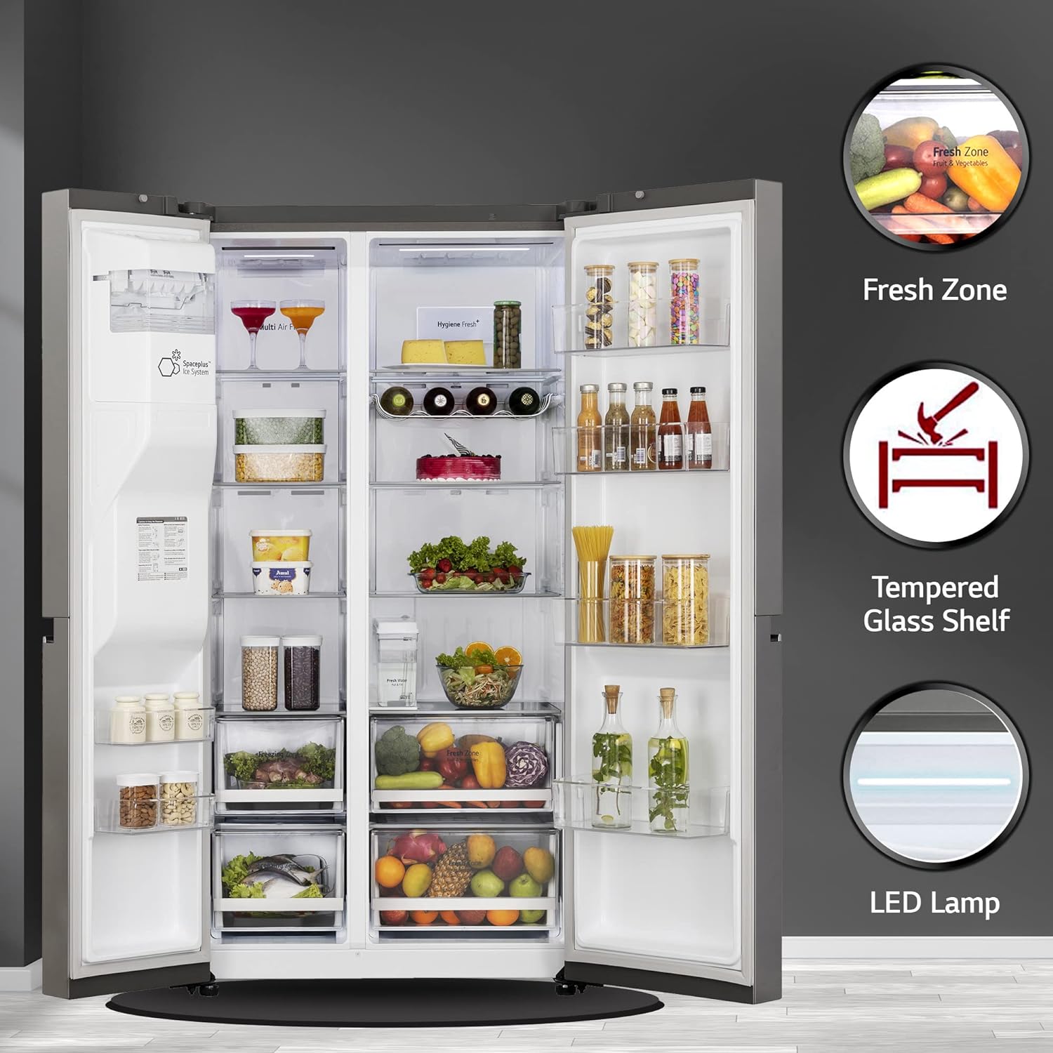 LG GL-L257CPZ3 630L  Frost Free Side by Side Refrigerator, Shiny Steel, Convertible