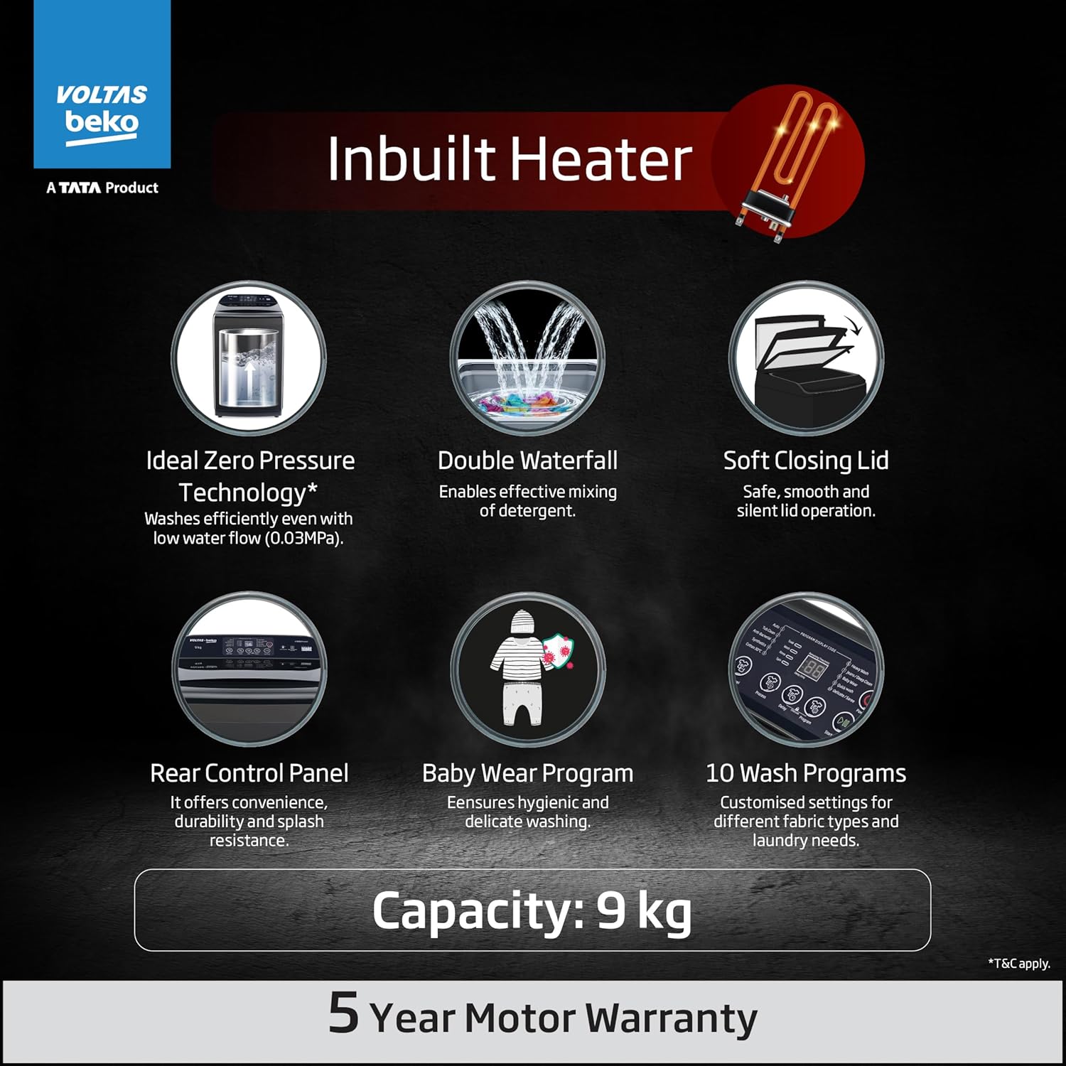 Voltas Beko, WTL9006UEAH / OBS3060A Tata Product 9 Kg 5 Star Fully-Automatic Top Loading Washing Machine with Anti-Bacterial wash Technology , Dark Grey, Inbuilt Heater) mahajan electronics online