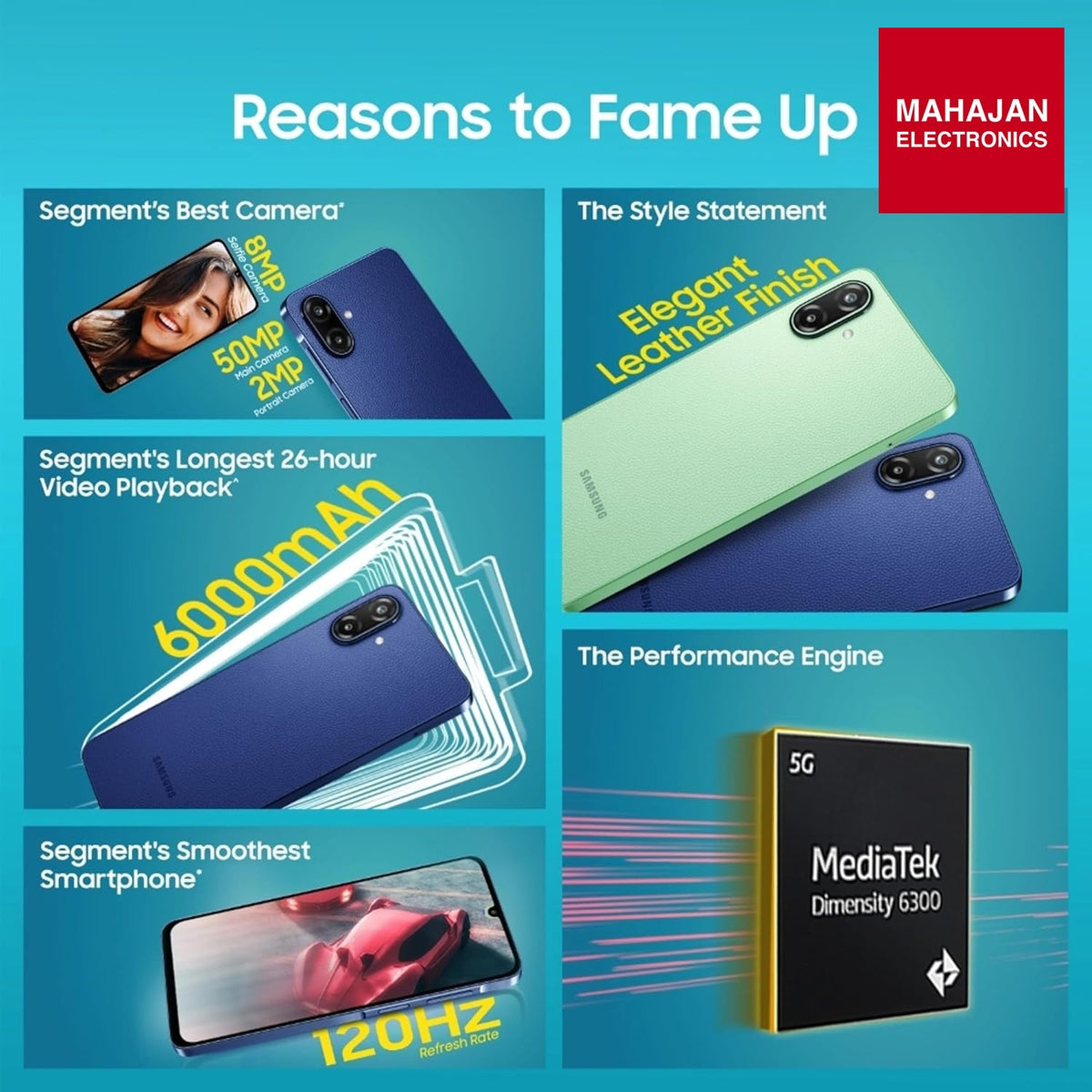 Samsung Galaxy F70e 5G (Spotlight Blue, 128 GB) (6 GB RAM) | 6000 mAh Battery | Dimensity 6300 | Octa Core Processor | 6.74" PLS LCD Display – Mahajan Electronics Online.